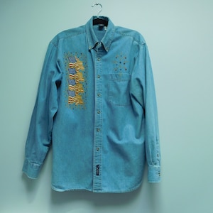 Vintage Long Sleeve Denim Patriotic Shirt by C Port and Company Size Medium In Excellent Vintage Condition From 1980&#39;s