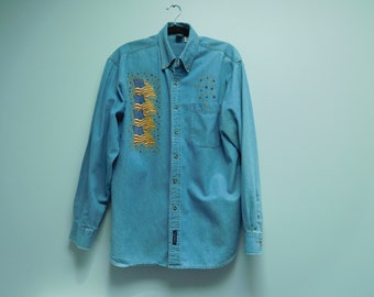 Vintage Long Sleeve Denim Patriotic Shirt by C Port and Company Size Medium In Excellent Vintage Condition From 1980's
