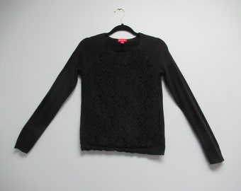 Vintage Black Sweater By Elle Size S Crocheted Lace Front In Very Good Vintage Condition