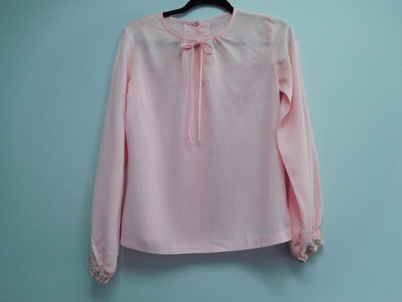Vintage 1970's Long Sleeve Pink Blouse Size Medium