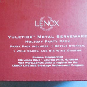 Lenox Yuletide Metal Serveware Holiday Party Pack Wine Caddy, Wine Stopper, and Six Wine Charms, Never Used image 2