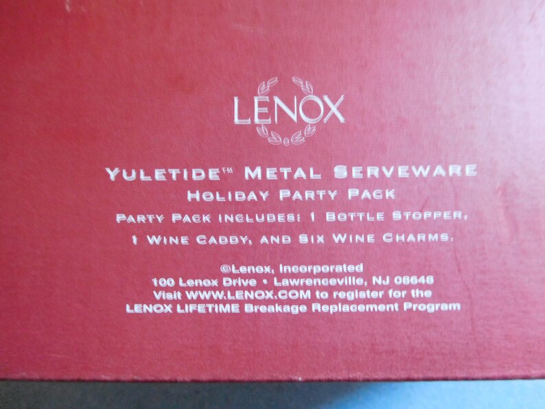 Lenox Yuletide Metal Serveware Holiday Party Pack Wine Caddy, Wine Stopper, and Six Wine Charms, Never Used image 2