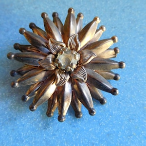 Vintage Bronze Flower Pin: 1940s Clear Center Brooch