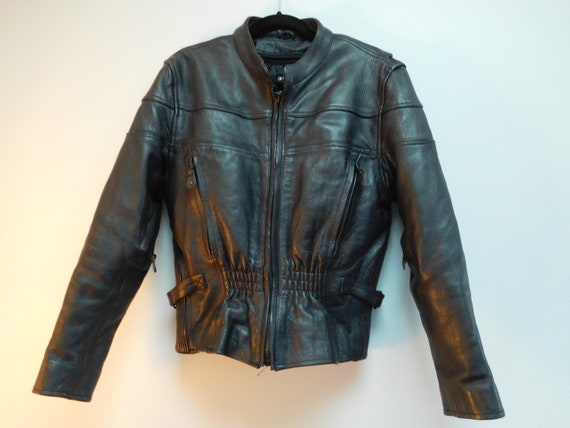 ジャケット・アウター King Vintage Black Leather Biker Jacket Vintage Leather King Motorcycle Jacket: Black Biker Jacket, Size