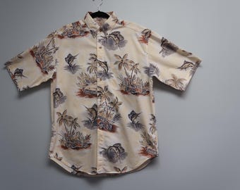 Vintage Hawaiian Shirt, Sailfish & Woodie Car Print, Bimini Bay, Men's Large