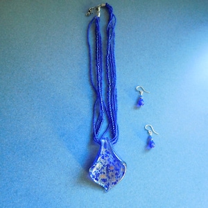 Vintage Blue Glass Pendant Necklace & Earring Set