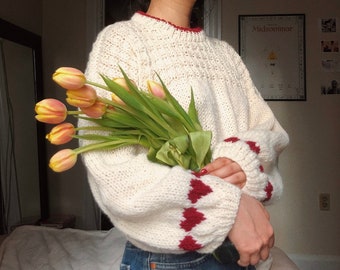 First Love Sweater Intermediate PATTERN - Heart Sleeve Intarsia, Waffle Stitch