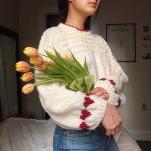 First Love Sweater Intermediate PATTERN - Heart Sleeve Intarsia, Waffle Stitch