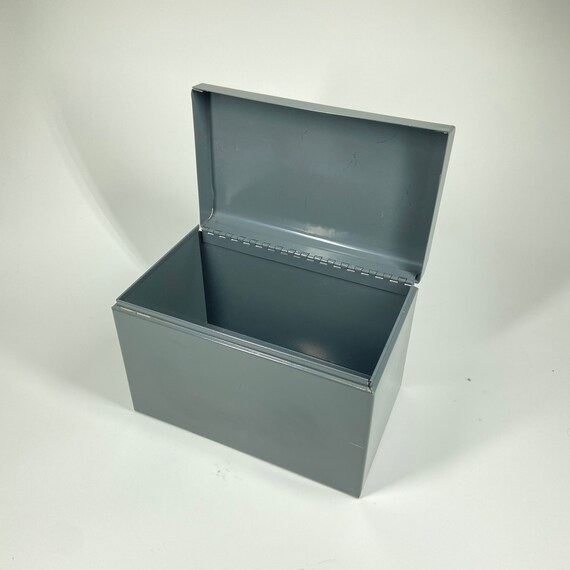 Vintage Gray Metal Card Box With Hinged Lid Etsy