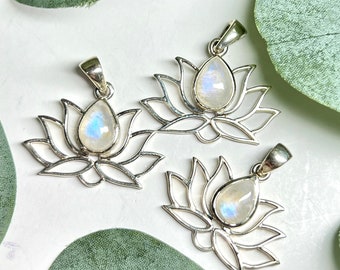 ONE* Rainbow Moonstone Lotus Pendant, Lotus Pendant, Blue MoonStone Jewelry, Moonstone Lotus Jewelry, Sterling Silver Lotus