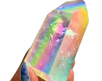 Angel Aura Lemurian Quartz Tower, Point Polished, Self Standing, Aura Point, Aura Clear Quartz Tower