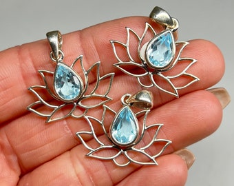 ONE* Faceted Blue Topaz Lotus Pendant, Lotus Pendant, Faceted Blue Topaz Jewelry, Blue Topaz Lotus Jewelry, Sterling Silver Lotus