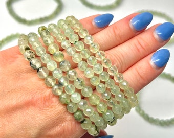 ONE Faceted Prehnite Bracelet, Polished Prehnite Crystal Bracelet, Mineral, Gemstone, Green Bracelet