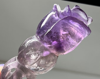 Amethyst Rose, Long Stem Rose, Polished Amethyst, Carved Amethyst, Amethyst Flower, Crystal Rose, Amethyst Flower Wand Crystal Flower