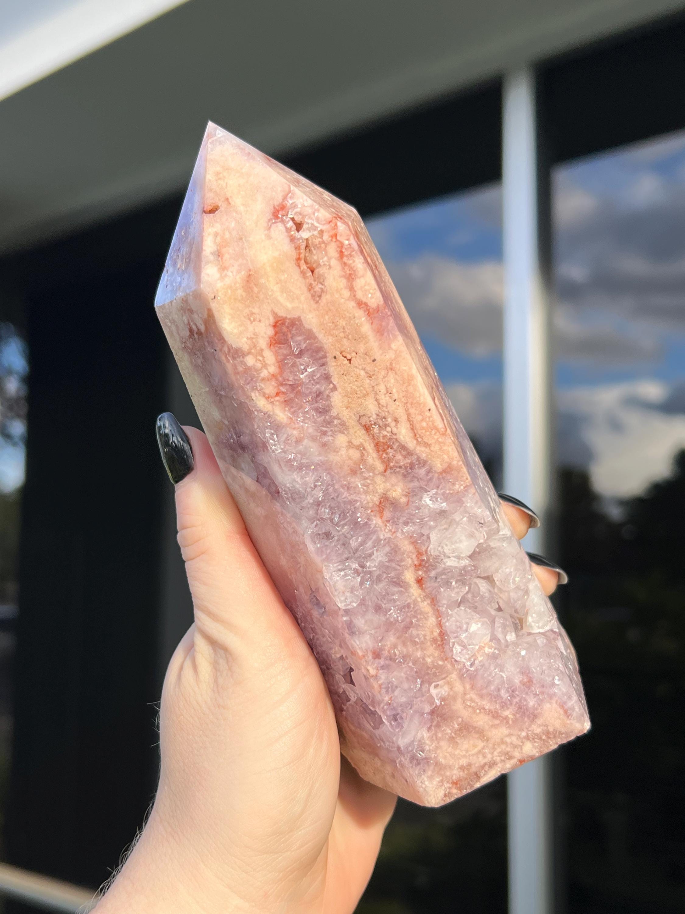 Druzy Pink Amethyst Tower, Pink Amethyst and Flower Agate Tower