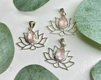 ONE* Faceted Rose Quart Lotus Pendant, Lotus Pendant, Faceted Rose Quartz Jewelry, Rose Quartz Lotus Jewelry, Sterling Silver Lotus