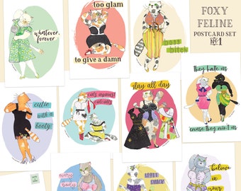 10 Postcard Foxy Felines Postcard Set #1 | body positive pin up girl postcard, cat lady cards, feminist card, small gallery wall art