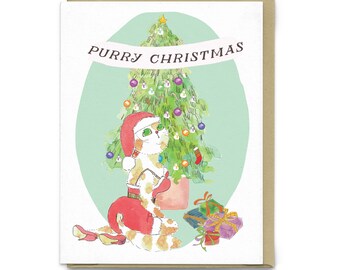 Purry Christmas  | Greeting Card, holiday card, christmas card, xmas card, illustrated cat card, santa cat pin up style vintage christmas