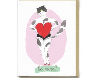 Be Mine? | Greeting Card, Valentine's Day Card, Love Card, Friendship Card, Anniversary Card, Vintage Valentine Pin Up Cat Illustration