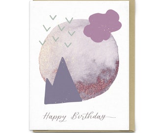 Happy Birthday CCW | Greeting Card, Cosmic Crystal Witch, Modern Abstract Boho Art Print, Dreamy Moon Stars Mountains Print, Birthday Card