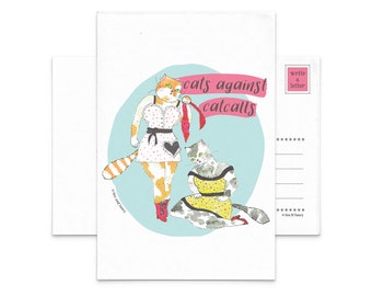 Cats Against Catcalls Foxy Feline Postcard No.3 | cat lady card, body positive, pinup postcard, feminist cat postcard, intersectional, queer