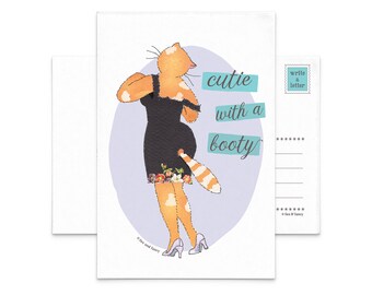 Cutie with a Booty Foxy Feline Postcard No.4 | cat lady card, body positive, pinup postcard, feminist card, cat postcard set, feminism card