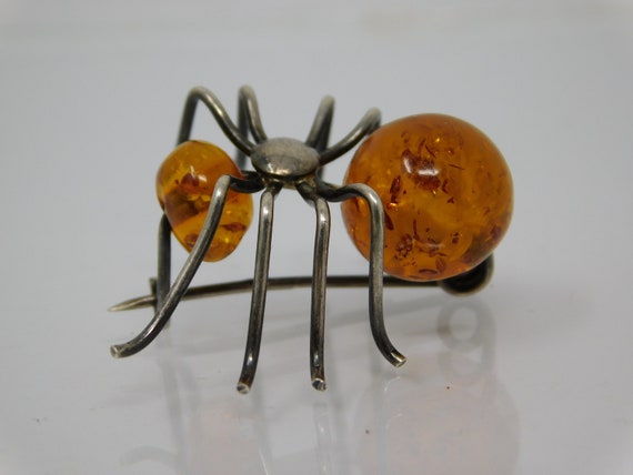 vintage spider brooch, silver and amber