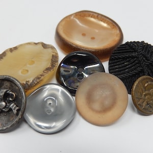 May include: Assortment of eight buttons in various colours, materials, and designs. The buttons include a black button with a textured surface, a silver button with a smooth surface, a brown button with a textured surface, a brown button with a smooth surface, a clear button with a smooth surface, a brown button with a smooth surface, a silver button with a textured surface, and a gold button with a textured surface.