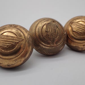 Könnte beinhalten: Drei antike Messingknöpfe mit einem kreisförmigen Design mit einem Flügel-Emblem. Die Knöpfe haben ein angelaufenes, gealtertes Aussehen, was darauf hindeutet, dass sie Vintage oder von Vintage inspiriert sind. Die Knöpfe sind rund und leicht gewölbt.