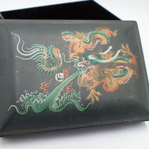 May include: A dark grey rectangular box with a hinged lid, decorated with a colourful illustration of two dragons. One dragon is gold, the other teal, with red and green accents. The box is open, revealing a black interior.