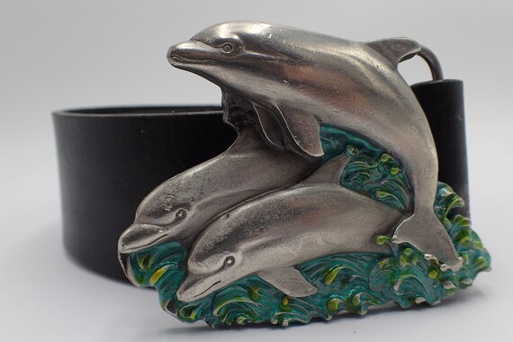 Vintage Black Leather Belt with Silver Dolphin Buckle Vintage Black Leather Belt with Silver Dolphin Buckle main image 3