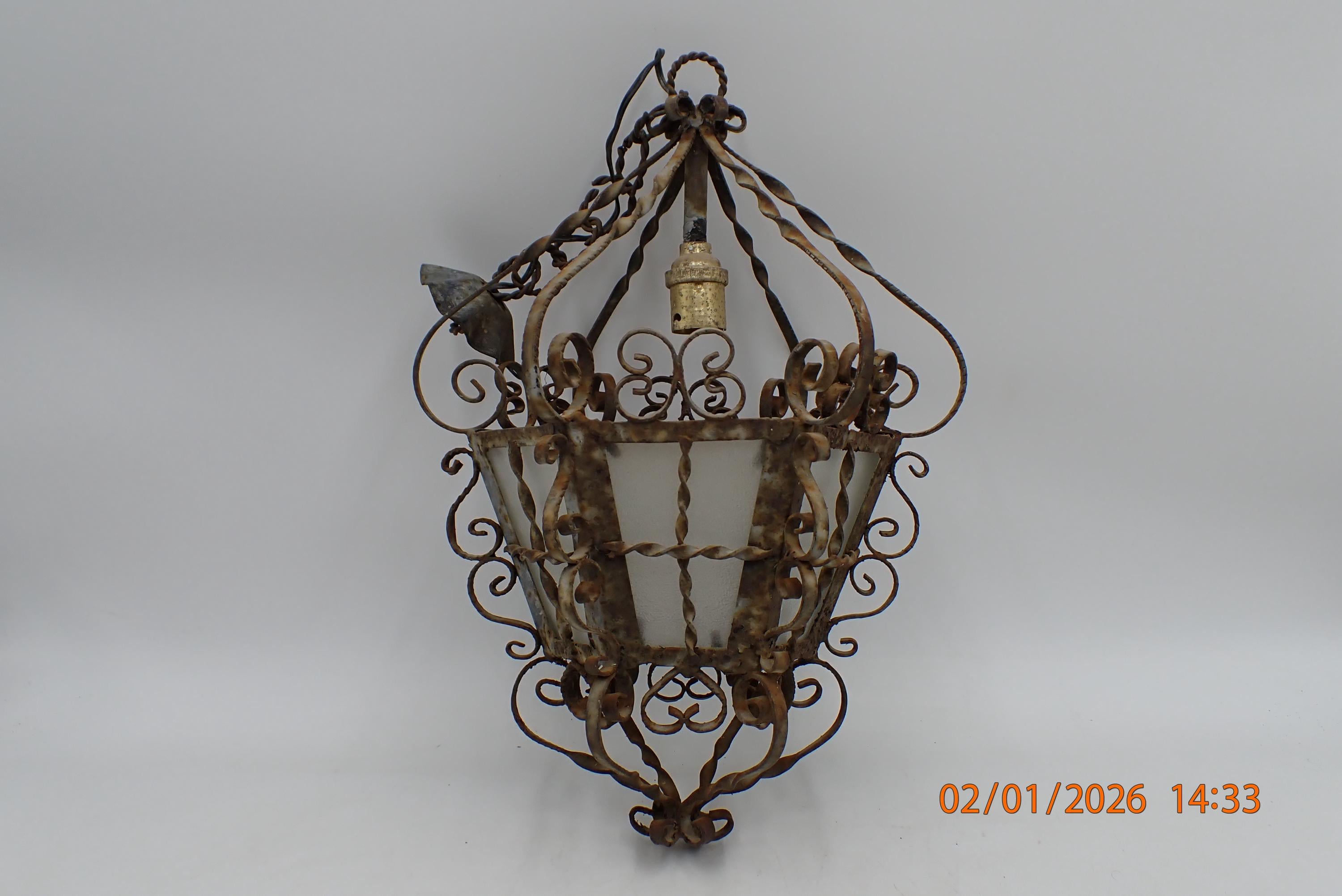 Ancienne Lanterne Lustre En Fer Forgé Vintage - Décoration Intérieur Ou Jardin, Avec Verre