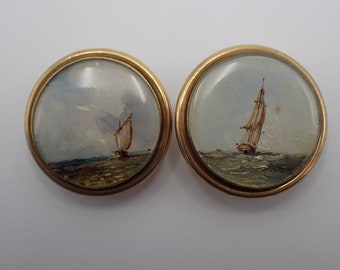 pair of buttons, miniature marine painting under glass, very rare!