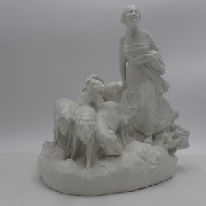 Porzellanskulptur, Biskuit-Schafgruppe mit ihrer Hirtin, von Corrado Alberto Mazzei 1885