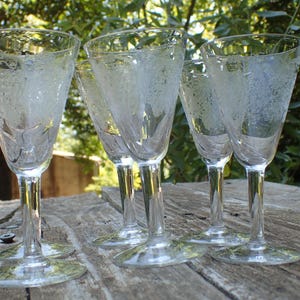 Könnte beinhalten: Ein Set aus fünf klaren, geätzten Weingläsern. Die Gläser haben einen schlanken Stiel und eine ausgestellte Schale mit einem zarten Blumendesign. Sie stehen auf einer verwitterten Holzoberfläche mit natürlichem Hintergrund.