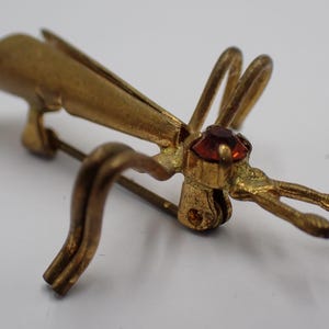 Può includere: Spilla vintage a forma di insetto color oro con un occhio di pietra rossa. La spilla presenta gambe e antenne di insetto dettagliate e una chiusura a spillo sul retro. L'insetto è lungo circa 3,8 cm.