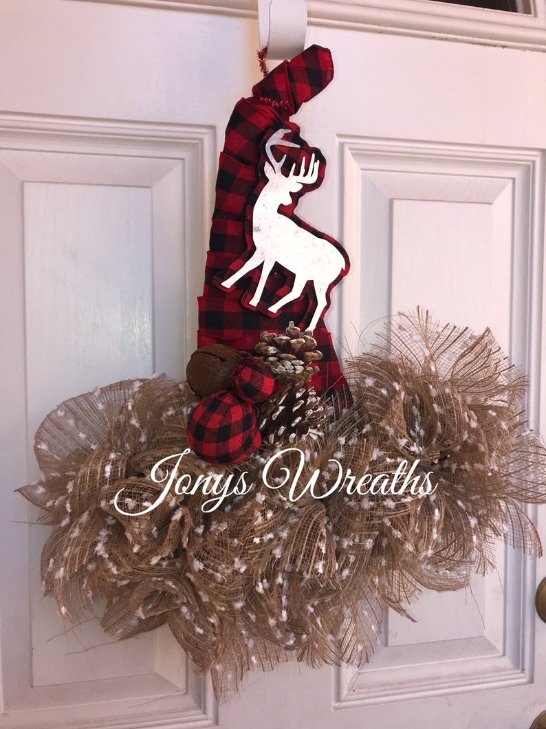Christmas hat wreath plaid wreath winter wreath deco mesh wreath front door wreath deer w christmas wreath christmas deco mesh wreath