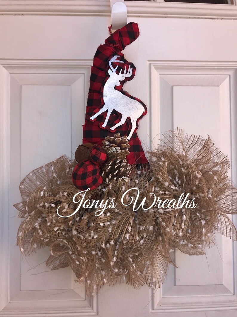Christmas hat wreath plaid wreath winter wreath deco mesh wreath front door wreath deer w christmas wreath christmas deco mesh wreath