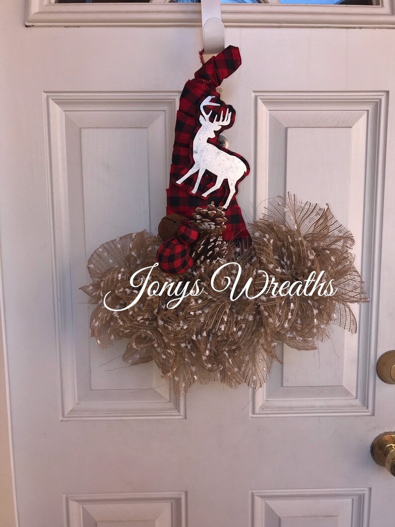 Christmas hat wreath plaid wreath winter wreath deco mesh wreath front door wreath deer w christmas wreath christmas deco mesh wreath