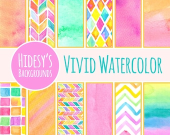 May include: A collection of twelve rectangular digital paper panels featuring vibrant watercolor textures and patterns including chevrons, diamonds, squares, and gradients in pink, yellow, orange, green, and blue. Text reads Hidesy's Vivid Watercolor.