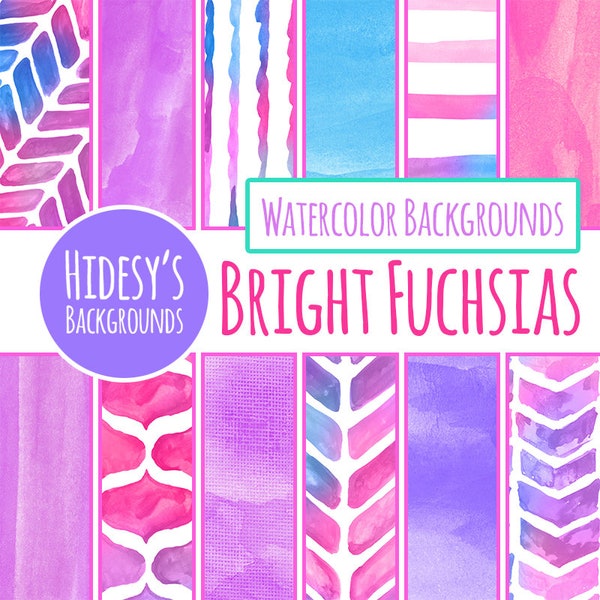 Rainbow Watercolor Digital Paper Set "Bright Fuchsias" / Water Color Digital Backgrounds in Pink, Purple and Blue (Commercial Use)