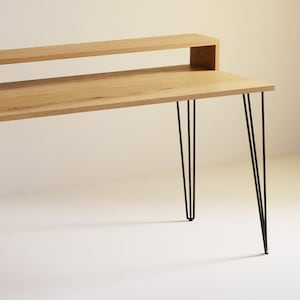 Solid Oak Desk with Monitor Stand on Hairpin Legs, Customisable WFH Bureau
