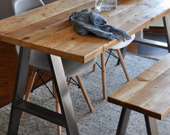 Dining Table & Bench, Reclaimed Industrial Rustic, Customisable, Vintage Scaffold Boards Top on A FRAME Steel legs, Choices of colours