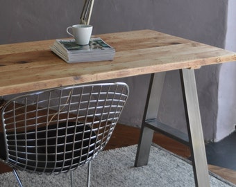 Office study desk. WFH bureau. Industrial modern, reclaimed wood top on A-Frame Steel legs by 7MAGOK