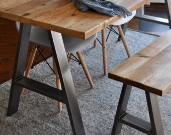 Reclaimed Wood Dining Table Bench Set: Rustic Industrial A-Frame Steel Legs, Handmade in UK
