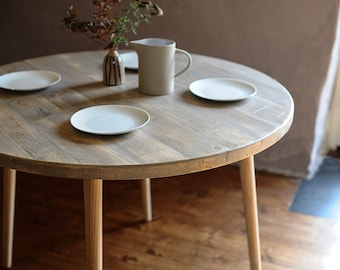 Round Dining Table, Reclaimed Wood on Danish Tapered legs, Authentic Scaffold Board Furniture 7MAGOK