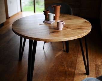 Round wood dining table,  4 & 6 SEATER options, Solid oak on steel or wooden legs.