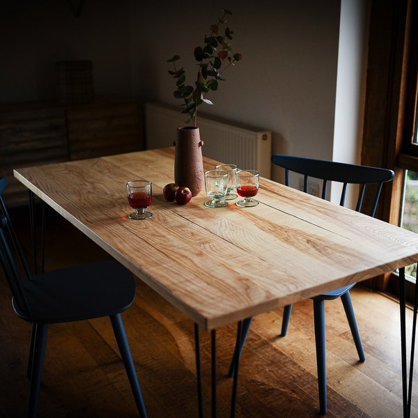 SOLIDA Industrial Dining Table | Rustic Solid Ash Wood on Hairpin legs (colour choices) | Customisable | Sustainable | Durable Eco-friendly