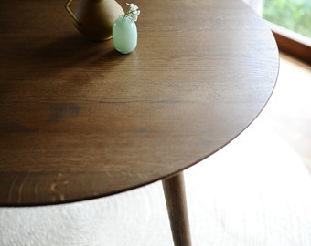 Round Solid Oak Dining Table, Handmade, Scandinavian Style, Tapered Round Legs