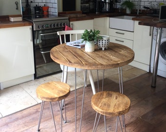 Reclaimed Round Dining Table Set on Hairpin legs Industrial Rustic Kitchen Table & Stools Vintage Scaffold Furniture Home Interior Design